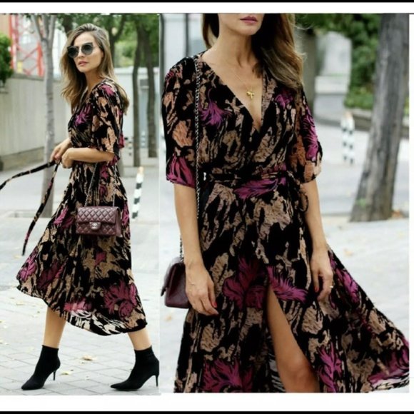 Zara Dresses Zara Women Devor Burnout Velvet Wrap Midi Floral Dress